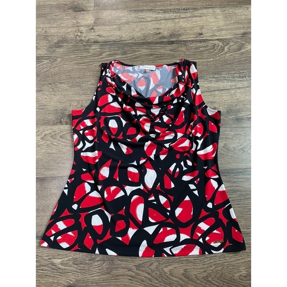 Women Calvin Klein drapped cowl neck stretch‎ sleeveless blouse patterned size M
